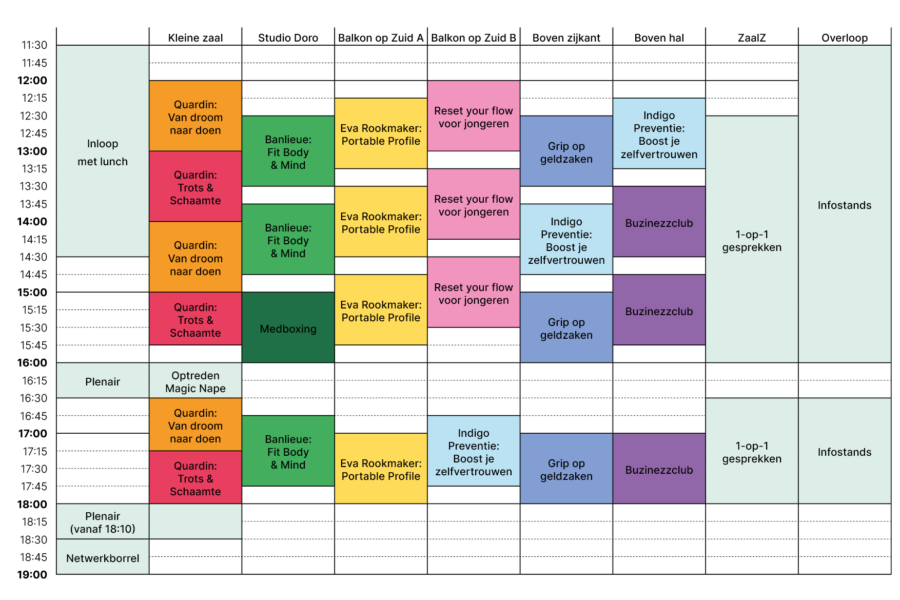 Het dagprogramma van het Stap Vooruit event als blokkenschema met meerdere parallelle workshops en sessies, inclusief plenaire momenten, een optreden, 1-op-1 gesprekken en infostands